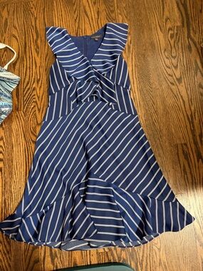 Banana Republic fit flare Navy and White Striped Ruffle Dress 0